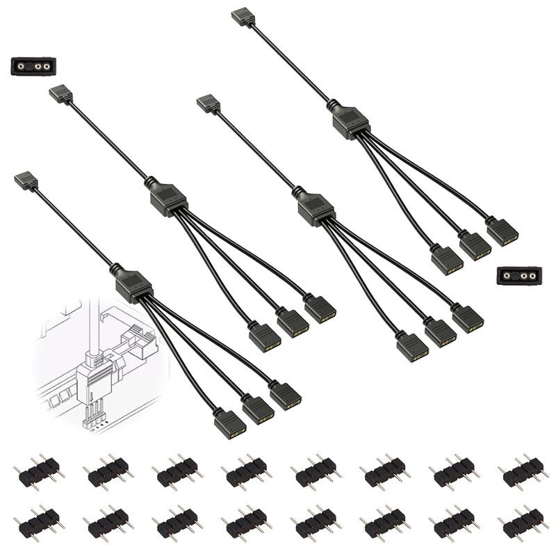 TNJPSEK 4 Pack 3Pin ARGB Spliter Cables with 16 Male Pins, 1-to-3 Female to Female Addressable RGB Spliter Extension Cable, 3-Pin RGB Splitter for 5V Computer Chassis PC Fans CPU Coolers Heat Sink - Image 1